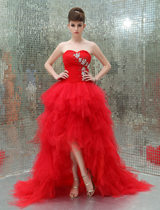 Robe de soirée asymétrique rouge plisséeà col coeur