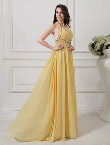 Robe charmante de soirée jonquille A-ligne à licou plissée