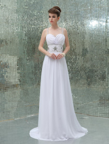 Robe de soirée belle blanche A-ligne en chiffon plissée effet encolure coeur