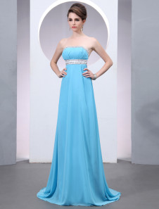 Robe exquise de soirée bleue A-ligne bustier avec perles