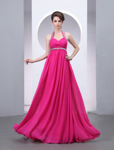 Robe de soirée A-ligne fuchsia plissée à licou