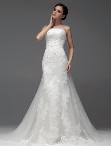 Robe mariée magnifique sirène ivoire bustier en tulle avec dentelle traîne démontable