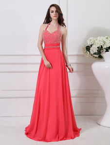 Robe exquise de soirée rouge melon A-ligne en chiffon plissée effet encolure coeur