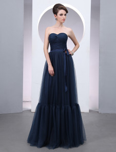 Robe merveilleuse de soirée bleu marine foncée A-ligne encolure coeur