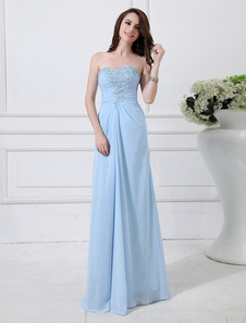 Robe charmante de soirée bleu ciel claire fourreau en chiffon avec encolure coeur