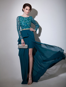 Robe exquise de soirée vert foncée fourreau en chiffon avec col rond à traîne