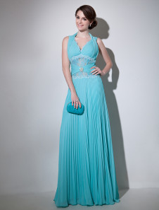 Robe de soirée bleue avec perles à col V longueur plancher