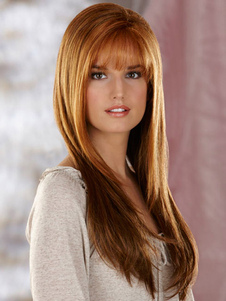 Perruque longue or dégradé synthétique avec frange