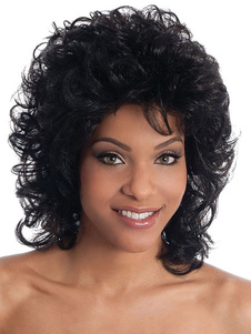 Perruque moyenne noire synthétique frisée