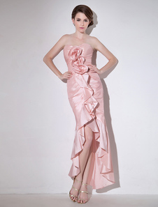 Robe de soirée sirène en taffetas rose fendu asymétrique