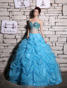 Robe de bal bleue marineboule en organza encolure coeur avec paillettes