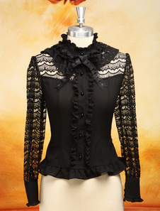 Chemisier lolita classique en chiffon unicolore avec filets col montant