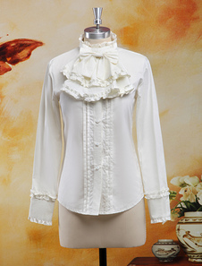 Coton Blouse manches longues Stand collier volants Bow