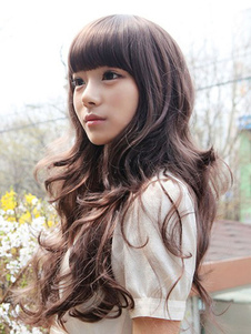 Perruque longue frisée marronne foncée synthétique