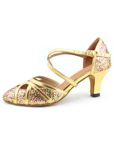 Chaussure de danse latine en tissu de paillette à talon évasé et bout rond