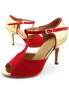 Chaussure latine femme en tissu bicolore à petit talon peep-toe imprimé brillant