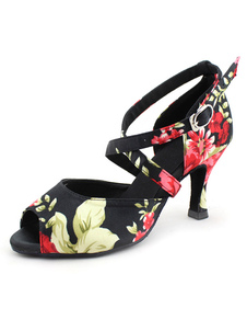 Chaussure de latine en satin noir à talon évasé imprimé fleuri à peep-toe