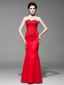 Robe exquise de soirée rouge sirène bustier avec dentelle longueur plancher