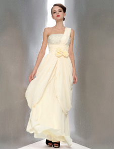 Robe de soirée belle ivoire A-ligne à une épaule avec fleur longueur plancher