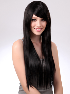Perruque longue droite noire synthétique frange oblique