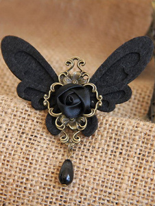 Broche lolita noire à motif papillon avec fleur