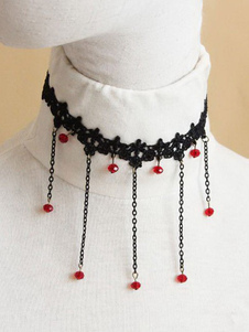 Lolita collier noir unicolore frangé avec boule rouge