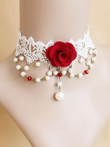 Lolita collier blanc avec fleur rouge et perles