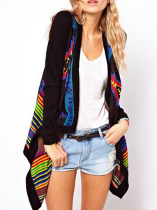 Chic cardigan style tribal artistique ouverture avant manches longues