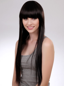 Perruque longue noire droite synthétique avec frange