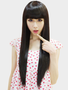 Perruque 18 inches noire droite de kanekalon avec frange