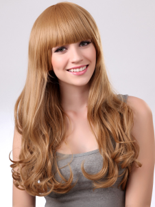 Perruque parfaite longue frange droite couleur de lin synthétique