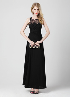 Robe de soirée belle noire A-ligne col rond et dentelle longueur cheville