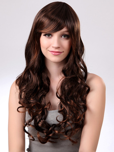 Unique perruque longue frange oblique marron claire synthétique