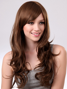 Perruque longue marronne avec boucles volumineuses
