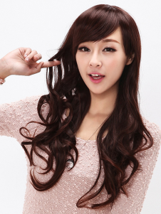 Perruque chic longue frange oblique châtaigne de kanekalon confortable