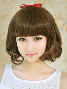 Perruque courte marronne ébouriffée avec frange droite