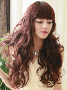 Perruque longue brune acajou ébouriffée en fibre frisée