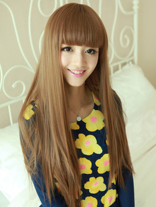 Perruque longue marronne claire dégradée droite avec frange