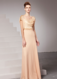 Robe exquise de soirée champagne fourreau encolure dégagée avec perles