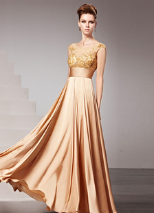 Robe de soirée belle or A-ligne en chiffon plissée col rond longueur plancher