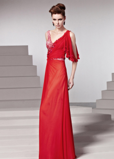 Robe exquise de soirée rouge fourreau en chiffon avec fleur col V longueur plancher