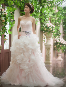 Robe mariage romantique boule à volants bustier traîne courte