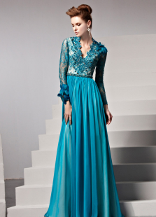 Robe charmante de soirée bleu marine foncée A-ligne col V avec dentelle