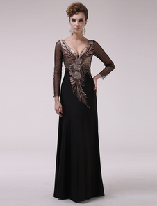 Robe exquise de soirée noire A-ligne en satin stretch brodée col V longueur plancher