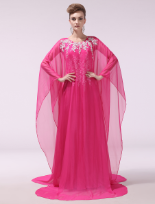 Robe de soirée belle fuchsia fourreau col V avec perles à traîne