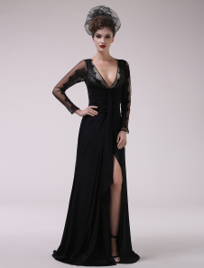 Robe merveilleuse de soirée noire en chiffon col V avec fente devant