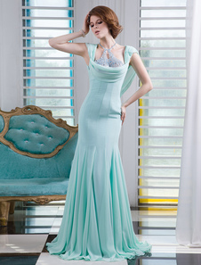 Robe fascinante de soirée vert menthe sirène en chiffon avec perles à licou et traîne