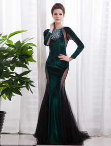 Robe merveilleuse de soirée verte foncée sirène col rond détail creux effet de perspective