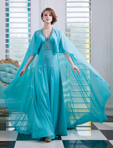 Robe merveilleuse de soirée bleu océane A-ligne col V avec perles longueur plancher