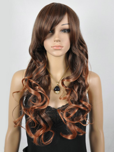 Perruque longue féminine marronne de boucles volumineuses